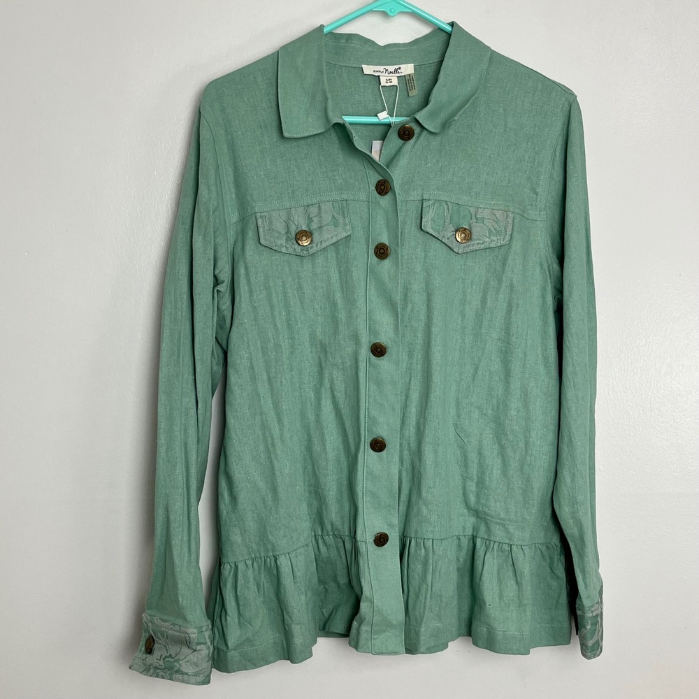 NWT Simply Noelle Women's Green Linen Button Up Ruffle Hem Shirt Jacket Size S/M